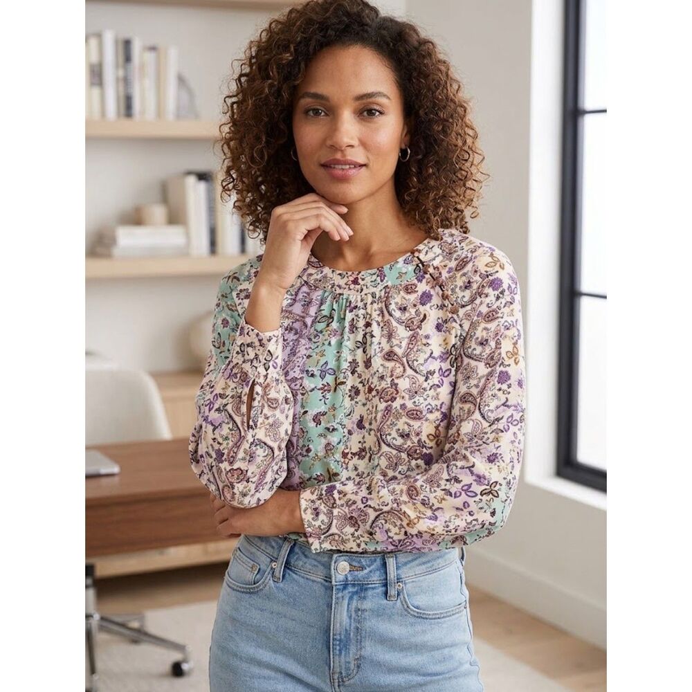 NWT LOFT Floral Paisley Patchwork Pleated Relaxed Popover 100% Viscose Blouse XS